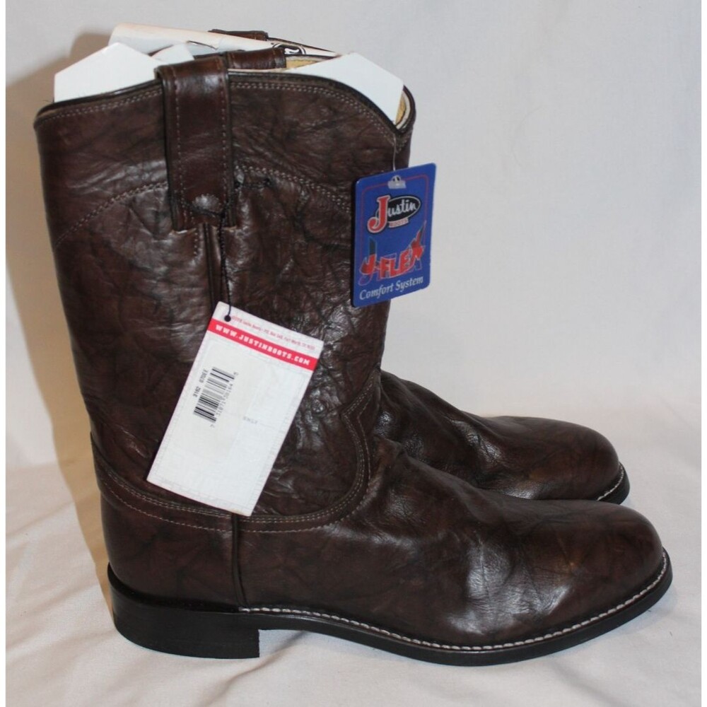 JUSTIN MEN'S DEERLITE ROPER LEATHER BOOTS BROWN SZ 7EE WIDE NWT